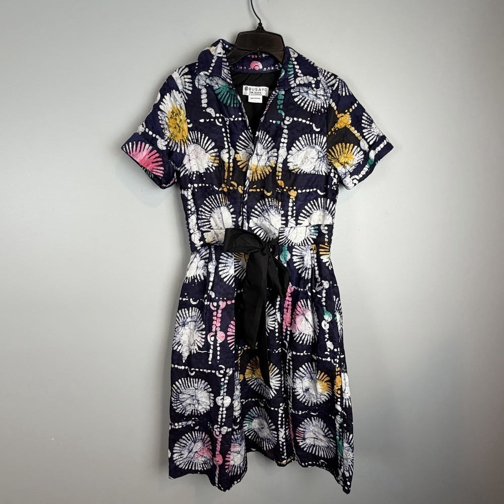 Busayo Dress Womens 0B XS Navy Batik Print Belted Shirt Dress Cotton Nigeria